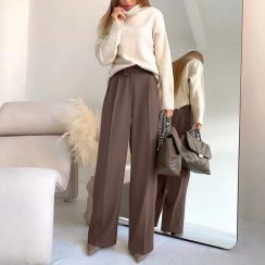 3Pcs Elegant Womens Brown Straight Leg Pants